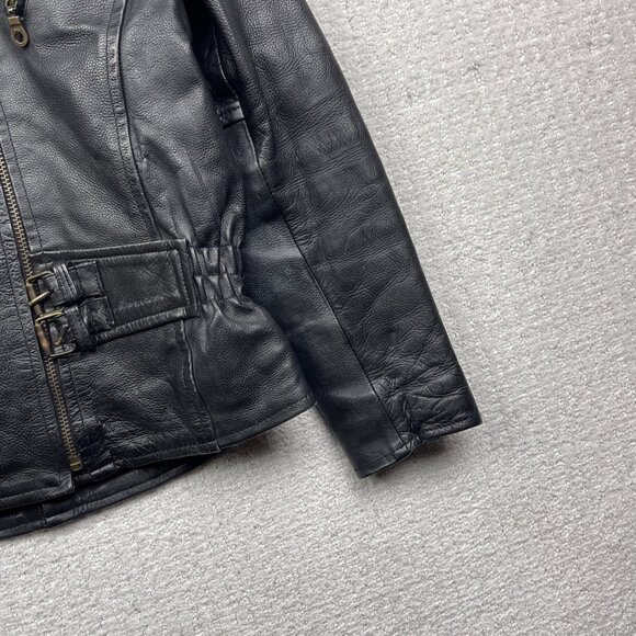 Bullmaster Leather Motorcycle Belted Biker Jacket Café Racer Black Women Sz M - Picture 4 of 16